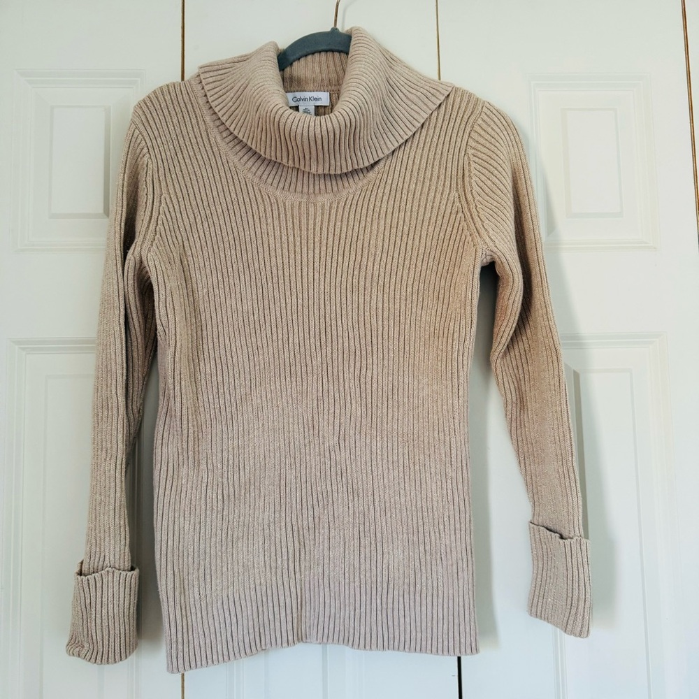 Calvin Klein Tan Cowl Neck Sparkle Sweater Ribbed Knit Classic Size S